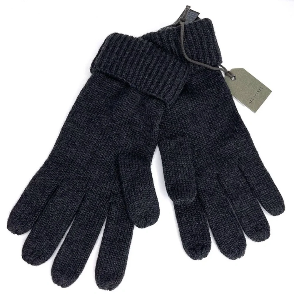 ALLSAINTS Soft 100% Merino Wool Gloves NEW Cinder Black Marl - Picture 2 of 5